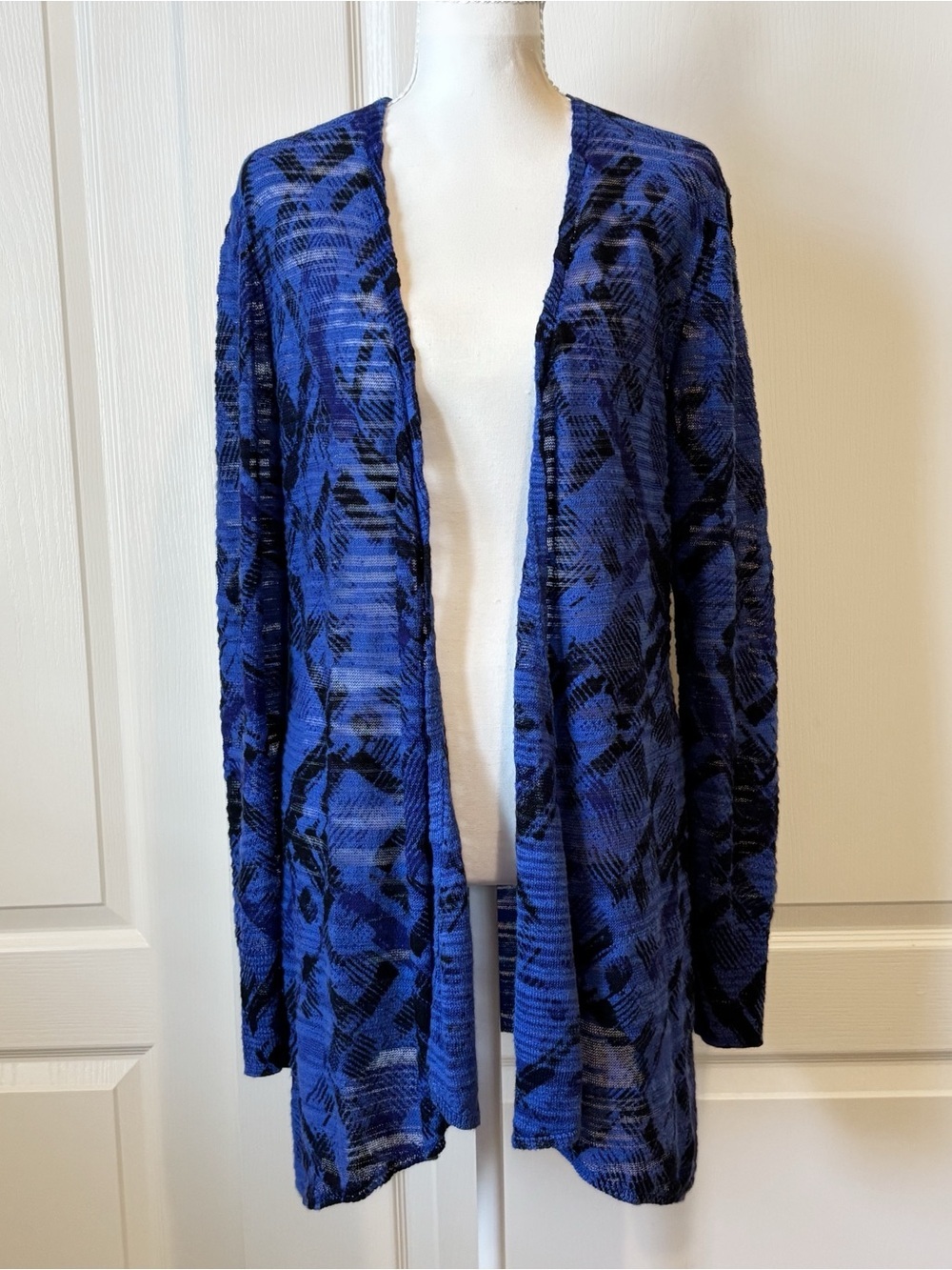 NIC+ZOE Open-Front Abstract Pattern Open-Stitch Linen Blend Cardigan Medium